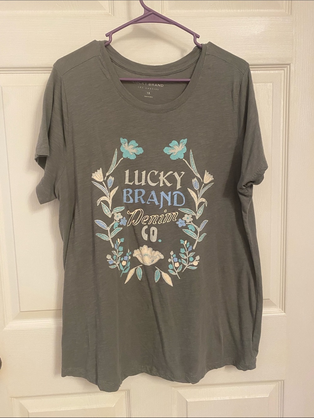 Lucky Brand Olive Floral Logo Tee with Blue & Cream Accents